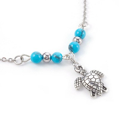 Synthetic Turquoise Charms Anklets AJEW-AN00234-04-1
