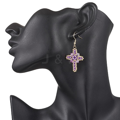 304 Stainless Steel Glass Seeds Cross Dangle Earrings EJEW-MZ00506-03-1