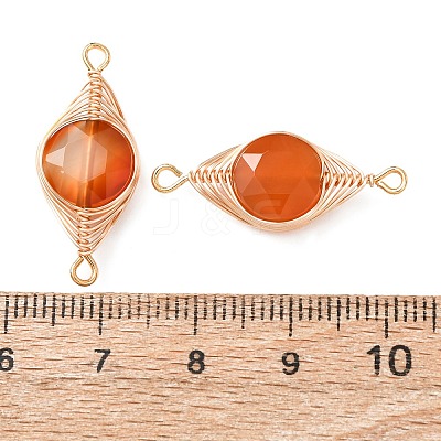 Natural Carnelian Faceted Hexagonal Cut Flat Round Links Connector Charms with Copper Herringbone Wire-Wrapped KK-Z152-07G-03-1