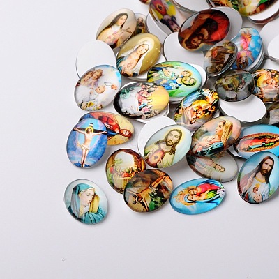 Jesus and the Virgin Printed Glass Oval Cabochons GGLA-N003-13x18-A-1