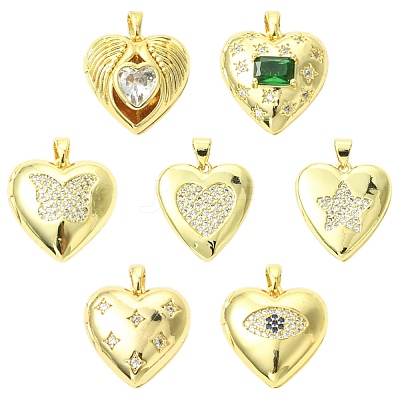 7Pcs 7 Styles Brass Micro Pave Clear Cubic Zirconia Locket Pendants FIND-CJ0005-08-1