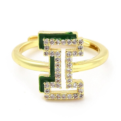 Mixed Color Enamel Initial Letter Adjustable Ring with Clear Cubic Zirconia RJEW-P045-01G-I-1