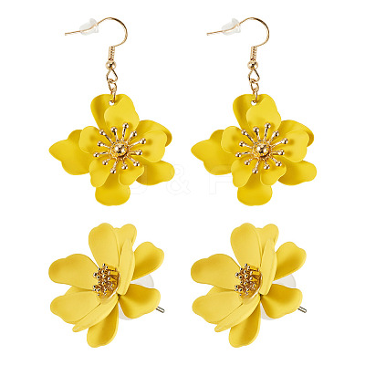2 Pairs 2 Styles Iron Flower Dangle Earrings and Sweet and Stylish Multi-layer Petal Flower Stud Earrings EJEW-TA0001-80C-1