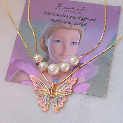 Alloy Enamel & Round Imitation Pearl Double Layered Butterfly Pendant Necklaces for Women WG304A4-01-1