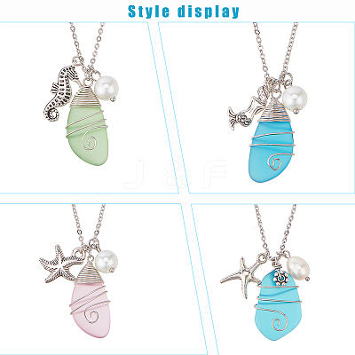 4Pcs 4 Style Twist Teardrop Glass & Alloy Ocean Theme Pendant Necklaces Set NJEW-AN0001-57-1