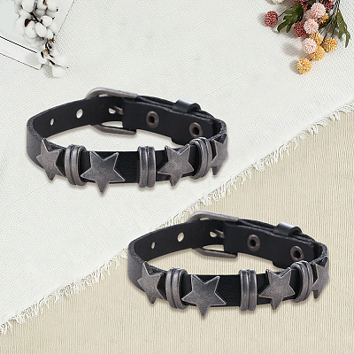 2Pcs Retro Punk Hip-Hop Pentagram Leather Bracelet BJEW-CL0001-41-1