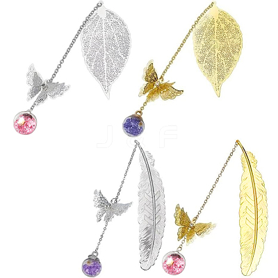 4Pcs 4 Styles Alloy Feather/Leaf Bookmarks AJEW-AR0001-95-1