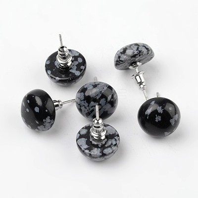 Half Round Dome Natural Snowflake Obsidian Stud Earrings EJEW-L171-03-1