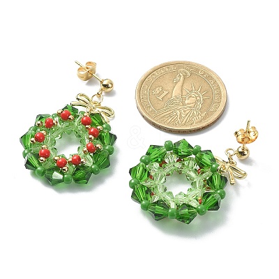 Glass Christmas Wreath Dangle Stud Earrings EJEW-TA00243-1