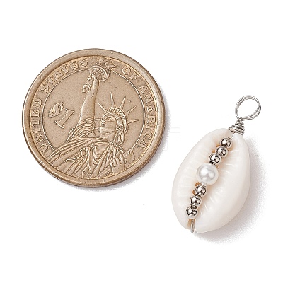 Natural Cowrie Shell Copper Wire Wrapped Round Brass Beads Pendants PALLOY-JF02938-06-1