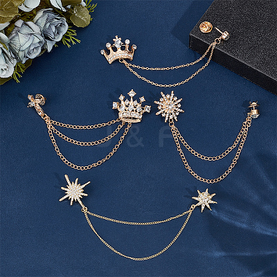 4Pcs 4 Styles Rhinestone Crown & Star Hanging Chain Brooch JEWB-OC0001-09-1