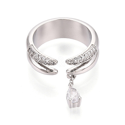 Brass Micro Pave Clear Cubic Zirconia with Teardrop Pendant Cuff Open Rings KK-T080-02P-1