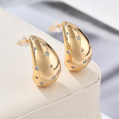Teardrop Brass Micro Pave Clear Cubic Zirconia Stud Earrings EJEW-K286-07G-01-1