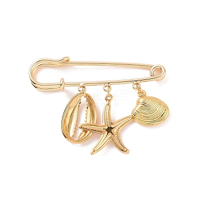 304 Stainless Steel Shell & Starfish Charms Safety Pin Brooch JEWB-BR00083-1