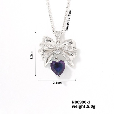 Brass Dark Indigo Rhinestone Bowknot Heart Shiny Pendant Necklaces for Women UK5167-1