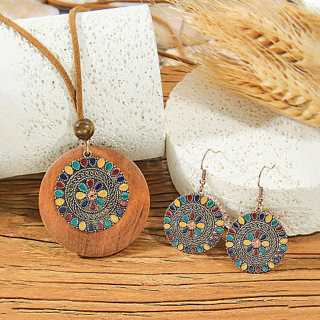 Ethnic Style Alloy Enamel & Wood Pendant Necklaces & Dangle Earrings Sets WG3F4B9-03-1