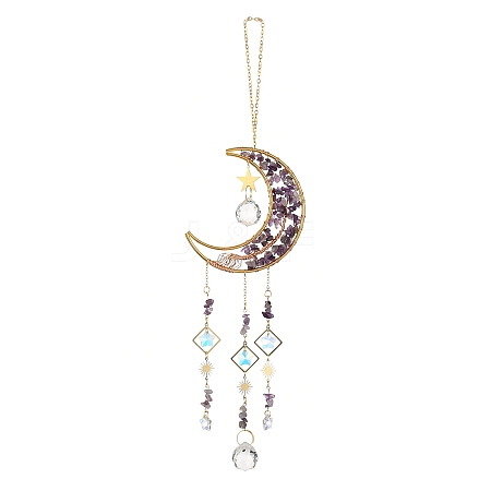 Natural Amethyst Chip & Brass Moon Hanging Suncatcher Pendant Decoration PW23041121729-1