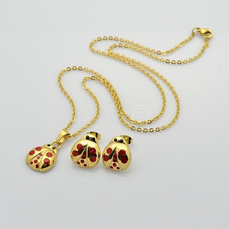 Ladybug 304 Stainless Steel Enamel Pendant Necklaces and Ear Studs Jewelry Sets SJEW-E029-11-1
