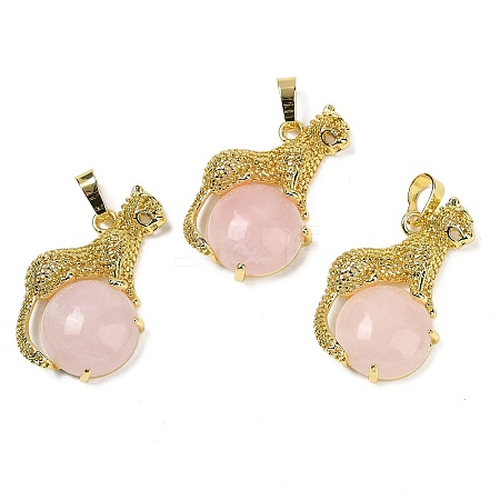 Natural Rose Quartz Ball with Leopard Shape Brass Pendants KK-F887-04G-25-1