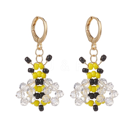 Glass Braided Bees Dangle Leverback Earrings EJEW-TA00126-1