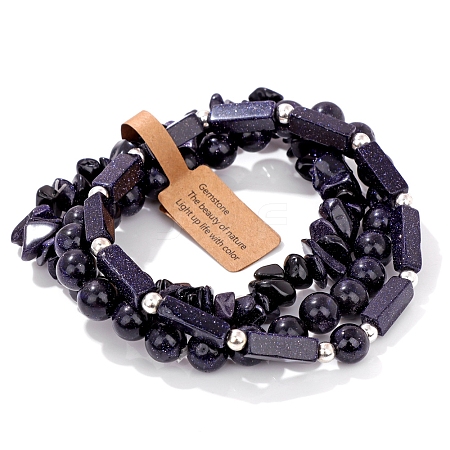 3Pcs Natural Blue Goldstone Bead Bracelet  Sets for Men PW-WG3CBCD-07-1