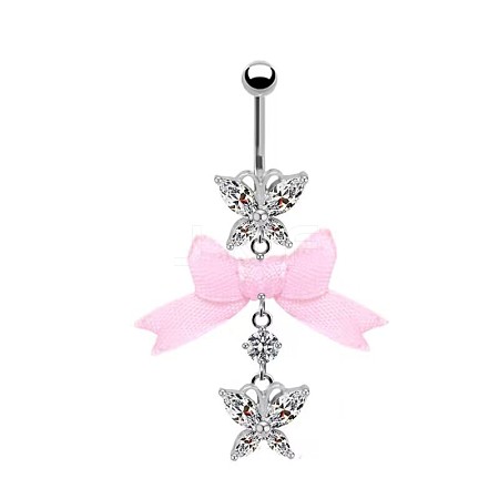 304 Stainless Steel Pave Cubic Zirconia with Cloth Bowknot Butterfly Dangle Belly Rings FS-WG03D58-09-1