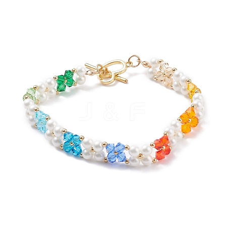 Shell Pearl & Glass Braided Flower Beaded Bracelet BJEW-TA00087-1