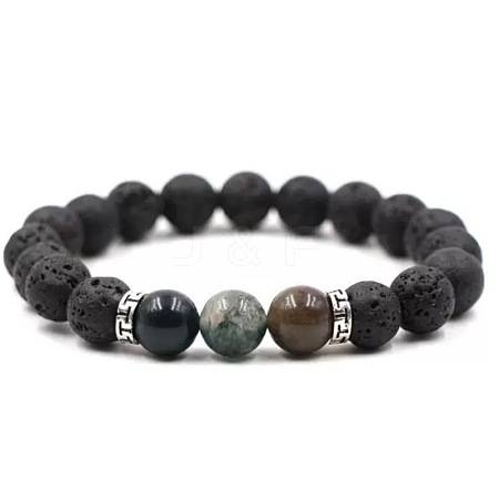 8MM Round Natural Indian Agate and Natural Lava Rock Beaded Stretch Bracelets for Couples BW4110-7-1