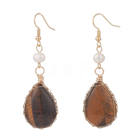 Natural Tiger Eye Teardrop Dangle Earrings with Natural Pearl EJEW-JE04850-04-1