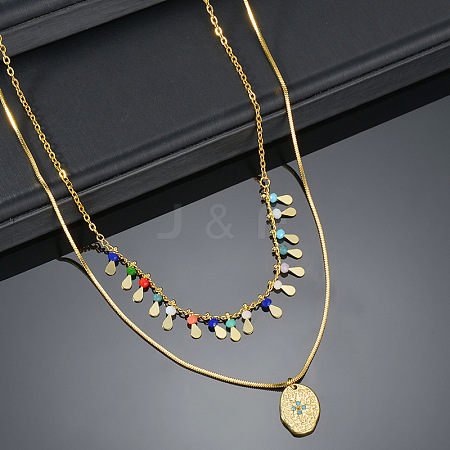 Bohemian 304 Stainless Steel & Colorul Beads Double Layered Pendant Necklaces for Women WG8806E-01-1