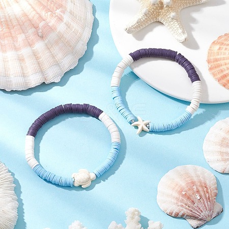 2Pcs Flat Round Handmade Polymer Clay Heishi Beaded Stretch Bracelets BJEW-JB11802-1