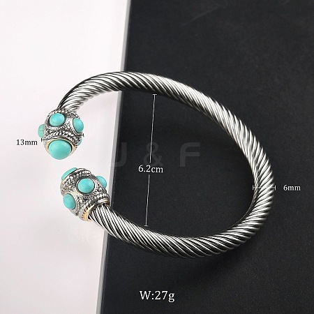 Adjustable C-shaped Stainless Steel Twist Open Cuff Bracelets with Synthetic Turquoise UG3207-3-1