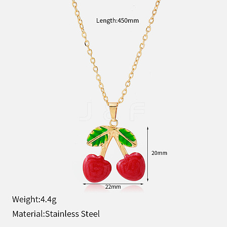 304 Stainless Steel Enamel Cherry Pendant Necklaces for Women WGA375D-04-1
