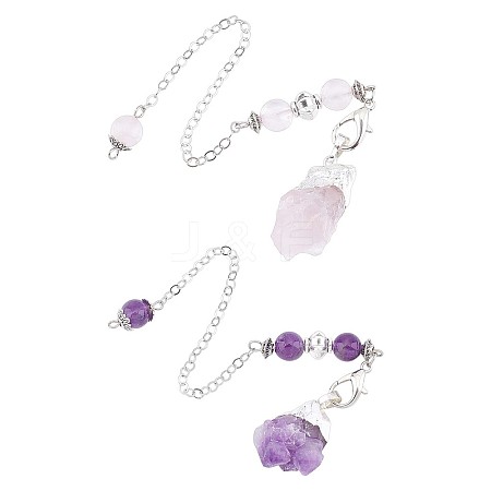 SUPERFINDINGS 2 Strands 2 Style Rough Natural Amethyst & Rose Quartz Dowsing Pendulums FIND-FH0003-14-1