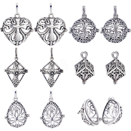 10Pcs 5 Styles Filigree Brass Cage Pendants KK-SC0003-77D-1