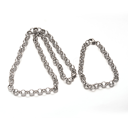 304 Stainless Steel Rolo Chain Necklaces & Bracelets Jewelry Sets SJEW-I021-03B-1