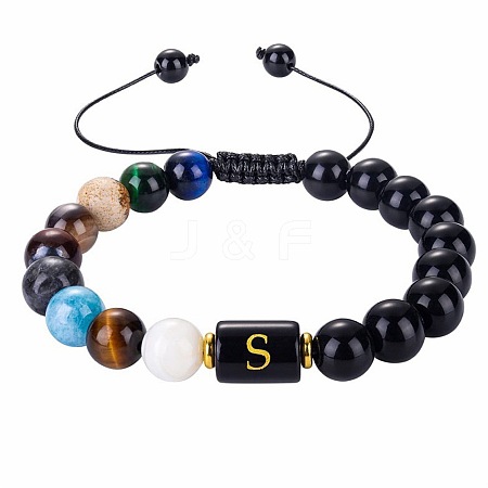 10MM Natural Black Obsidian Alphabet Beaded Braided Bracelets LS-TO2319-19-1