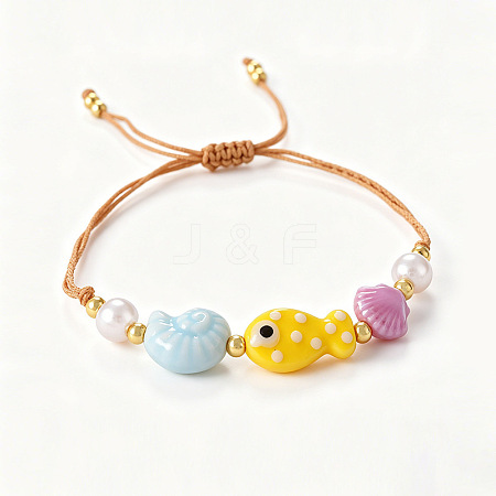 Summer Beach Handmade Porcelain Fish Shell Shape and Plastic Pearl Braided Bead Bracelets for Women WG2D1DA-02-1