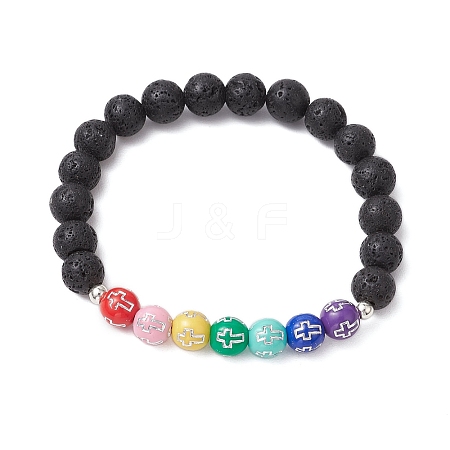 Charka Theme Natural Lava Rock Round Beaded Stretch Bracelets BJEW-JB11136-1