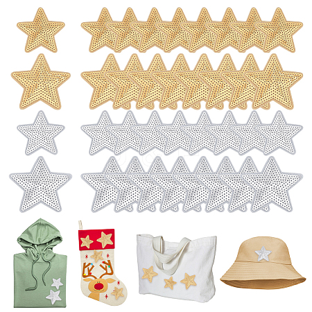 40Pcs 4 Styles Star Iron on/Sew on PVC Sequins Patches PATC-NB0001-33-1