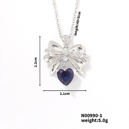 Brass Dark Indigo Rhinestone Bowknot Heart Shiny Pendant Necklaces for Women UK5167-1