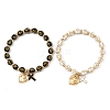 2Pcs 2 Colors Acrylic Beads & Alloy Enamel Cross & CCB Plastic Heart Stretch Charm Bracelet Sets for Women BJEW-JB14200-2