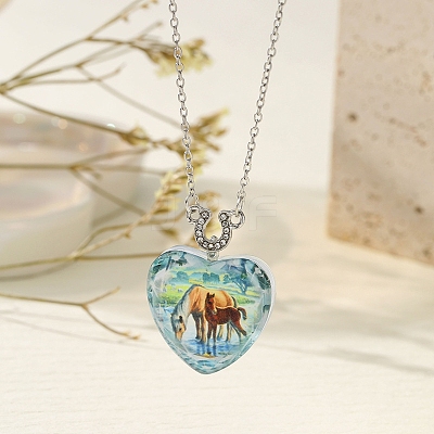 Heart with Horse Pattern Glass Pendant Necklaces LS-PW-WGF1C5C-04-1
