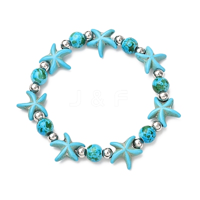 Starfish Synthetic Turquoise Beads & Brass Beads Stretch Bracelets BJEW-JB12417-03-1