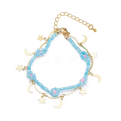 Brass Moon and Star Charms & Seed Flower Double Layer Multi-strand Bracelet for Women BJEW-JB08849-1