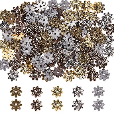 300Pcs 5 Colors 8-Petal Tibetan Style Alloy Flower Bead Caps FIND-DC0003-91-1