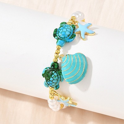 Ocean Brass Enamel Starfish Shell Shape Charm Bracelets for Women KK-CBA68DA-16G-01-1