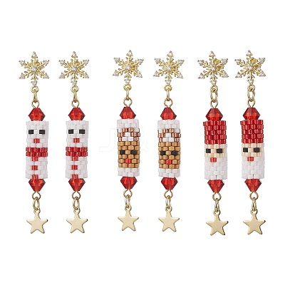 3 Pairs 3 Styles Christmas Theme Brass Clear Cubic Zirconia Dangle Stud Earrings EJEW-MZ00552-1