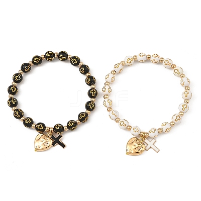 2Pcs 2 Colors Acrylic Beads & Alloy Enamel Cross & CCB Plastic Heart Stretch Charm Bracelet Sets for Women BJEW-JB14200-1