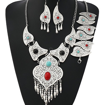 Teardrop Alloy & Synthetic Turquoise Pendant Necklaces & Dangle Earrings & Bracelets Sets FS-WG28263-01-1